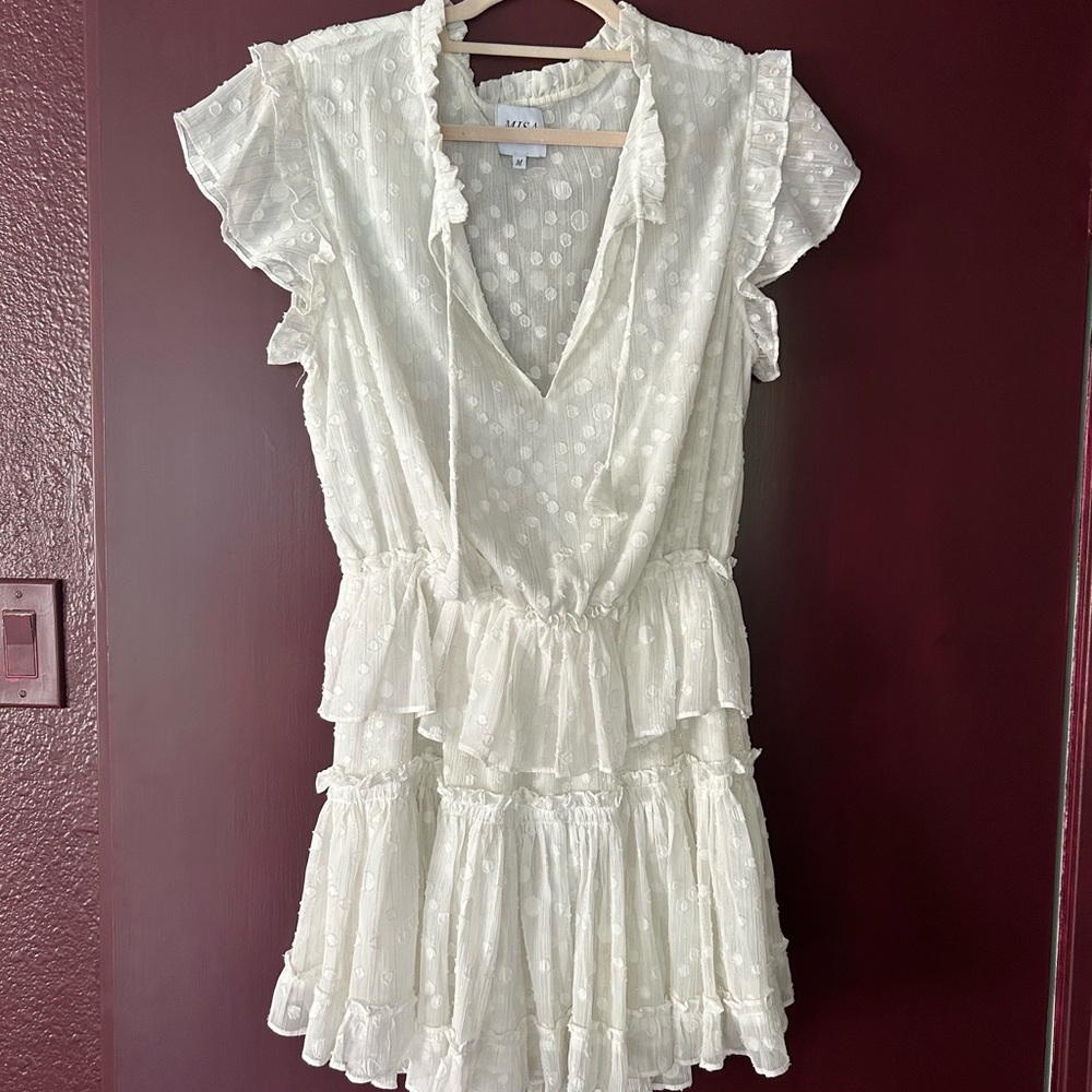 Misa Los Angeles Lilian Dress Womens Medium White Clip Dot Mini Ruffle Silver